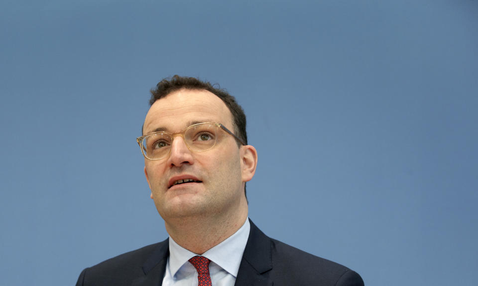 German Health Minister Jens Spahn attends a press conference in Berlin, Germany, Friday, March 12, 2021. Spahn said Friday that Germany takes reports of possible side effects from coronavirus vaccines “very, very seriously” but added that both the European Medicines Agency and Germany’s own vaccine oversight body have said they have no evidence of an increase in dangerous blood clots in connection with the shots. Denmark has temporarily suspended use of the AstraZeneca vaccine after reports of blood clots in some people, and Norway decided to follow suit, despite the lack of any evidence the shot was responsible. (AP Photo/Michael Sohn, pool)