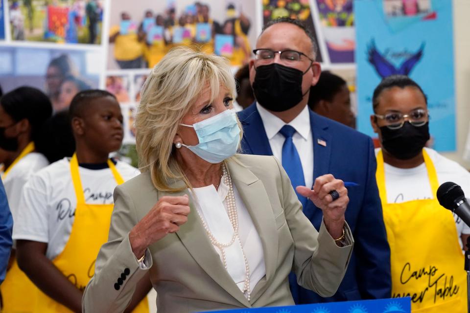 First lady Jill Biden visits Schulze Academy, on July 21, 2022, in Detroit. The first lady was masked at least in part because President Joe Biden tested positive for COVID-19 on Thursday.