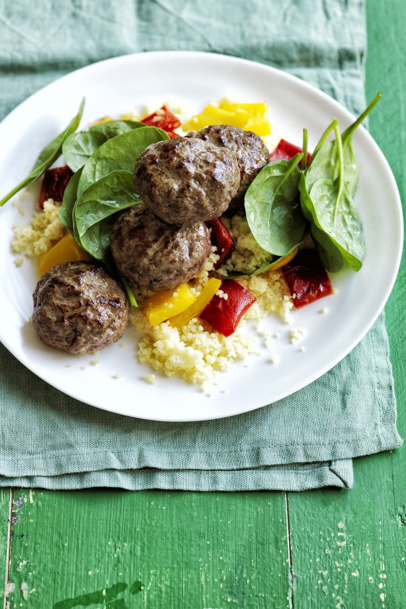 <p>This healthy meal gets a burst of flavor from Middle Eastern spices.</p><p><em><a href="https://www.womansday.com/food-recipes/food-drinks/recipes/a54831/spiced-mini-burgers-with-spinach-and-couscous-recipe/" rel="nofollow noopener" target="_blank" data-ylk="slk:Get the Spiced Mini Burgers with Spinach and Couscous recipe.;elm:context_link;itc:0;sec:content-canvas" class="link ">Get the Spiced Mini Burgers with Spinach and Couscous recipe.</a></em></p>