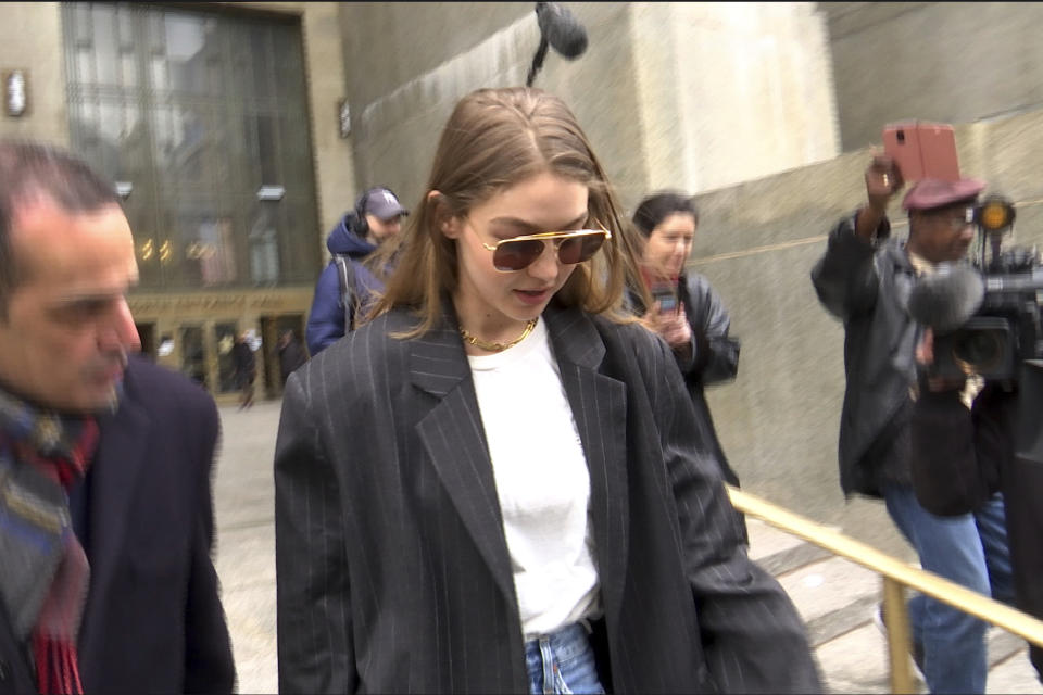 Model Gigi Hadid leaves New York Criminal Court on Monday, January 13, 2020. Hadid, who lives in Manhattan, is a potential juror in Harvey Weinstein's rape trial. (AP Photo/Ted Shaffrey)