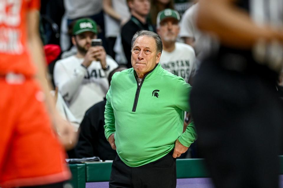 Michigan State's head coach Tom Izzo gets emotional late during the second half in the game against Illinois on Saturday, Feb. 10, 2024, at the Breslin Center in East Lansing.
