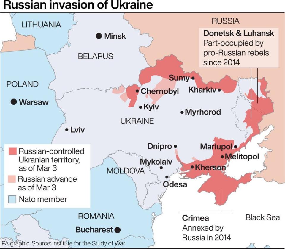 Este mapa muestra el alcance de la invasi&#xf3;n rusa de Ucrania (Press Association Images)