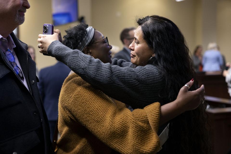 Darlene McDonald, director of 1Utah Project, who was in opposition to the anti-DEI bill, and Leah Hansen, who was in favor of the anti-DEI bill, embrace after debating the issue after the anti-DEI bill passed out of a committee meeting at the Capitol in Salt Lake City on Wednesday, Jan. 17, 2024. | Laura Seitz, Deseret News