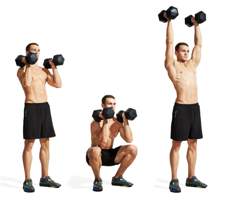 <p>Stand with feet shoulder-width apart, holding the dumbbells at shoulder level, to start. Squat as low as you can without losing the arch in your lower back. Come back up and press the weights overhead.</p>