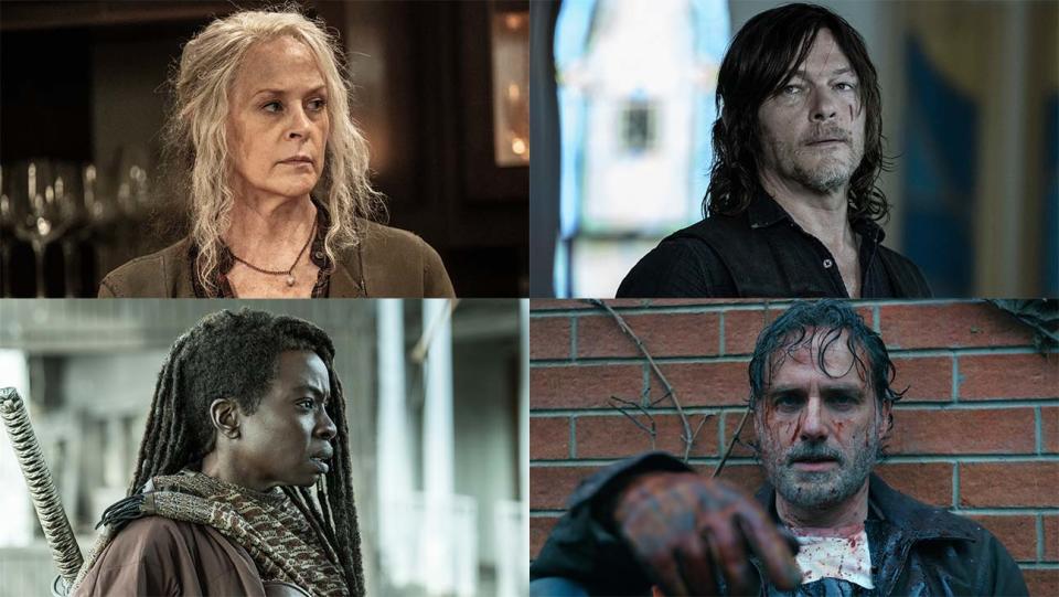 Melissa McBride as Carol Peletier, Norman Reedus as Daryl Dixon, Andrew Lincoln as Rick Grimes, and Danai Gurira as Michonne on The Walking Dead