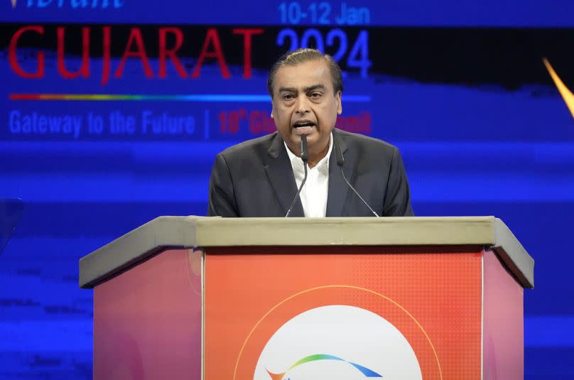 Mukesh Ambani addressing the Vibrant Gujarat Global Summit, a business event to attract investments to the Gujarat state, in Gandhinagar, India on 10 January.