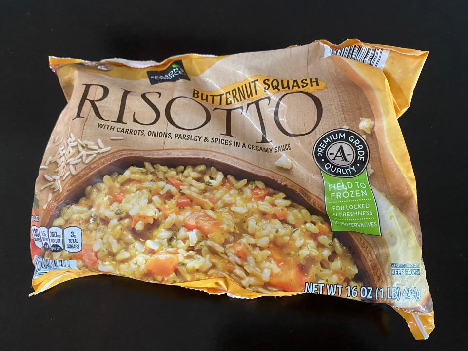 yellow and beige bag of butternut squash risotto from aldi