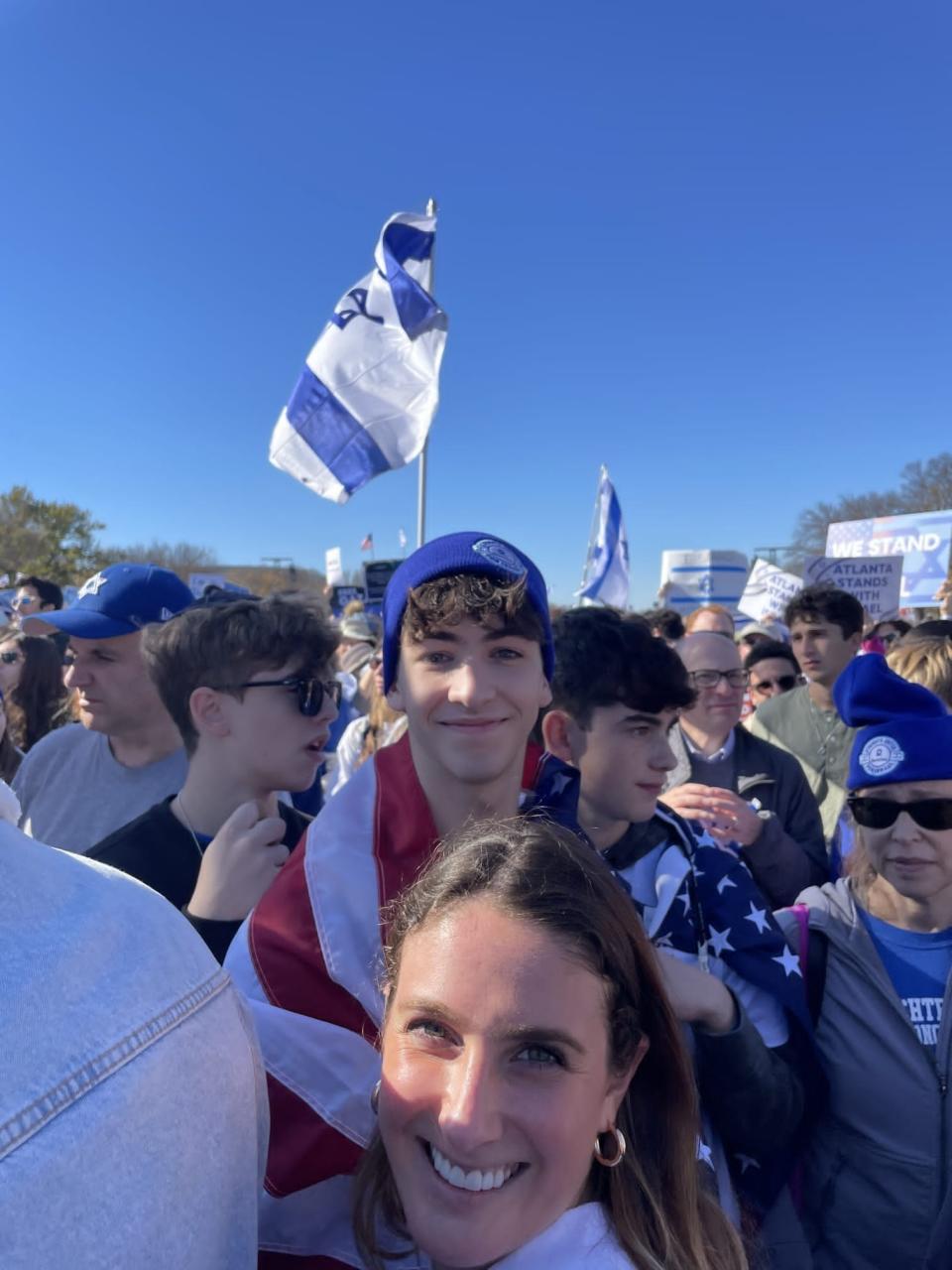 Ari Duftler (center) of Long Island, at the Nov. 14 rally in Washington D.C. to support Israel and oppose antisemitism. 
The 16-year-old went to school with an Israeli soldier believed taken hostage by Hamas.
(Credit: Courtesy of Ari Duftler)