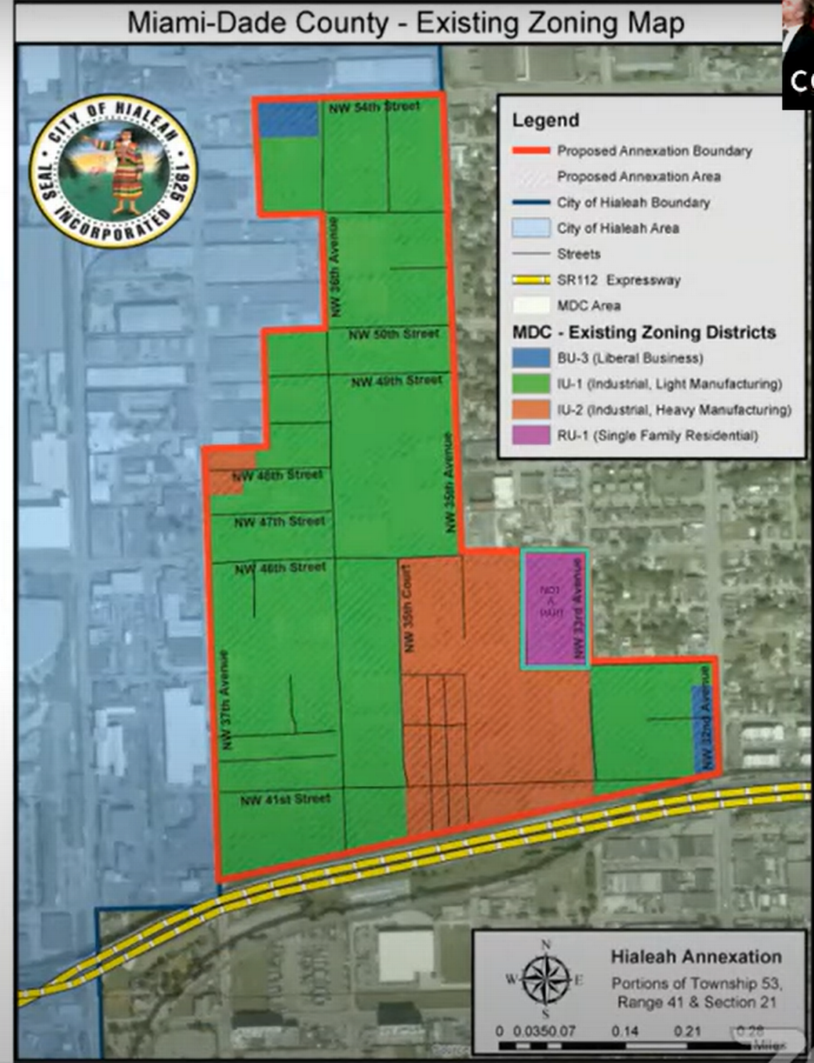 A map that outlines the proposed area of annexation that was explored by The Corradino Group for the City of Hialeah. The area in purple was removed from the original boundaries.