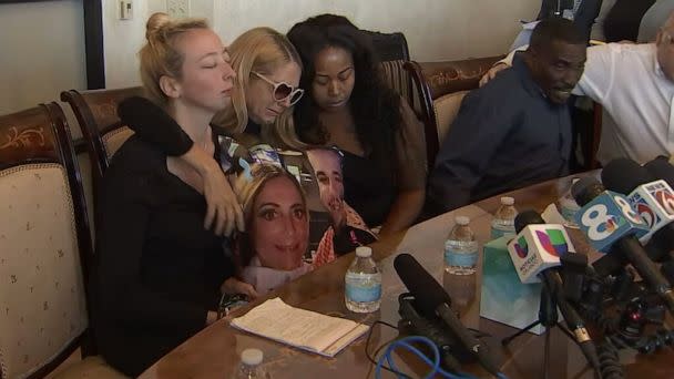 PHOTO: Casey Fite, Beth Lyons and Brandi Major console each other at a press conference on March 2, 2023, about the Orange County fatal shooting of their children. (WFTV)