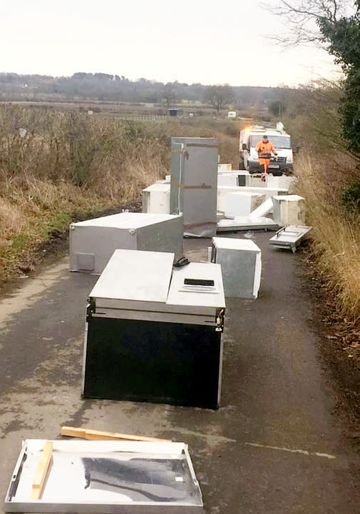 Caught on camera: The fridges were ditched in Aldridge, West Midlands (SWNS) 