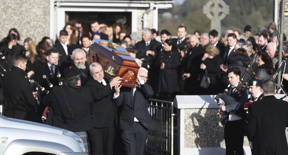 <em>Pallbearers carry the coffin of O’Riordan during her funeral at Saint Ailbe’s Church, Ballybricken, Ireland (AP)</em>