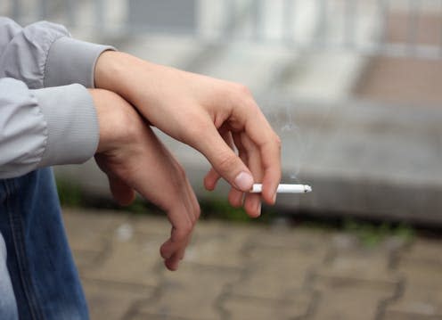 <span class="caption">Most smokers start in their teens.</span> <span class="attribution"><a class="link " href="https://www.shutterstock.com/image-photo/cigarette-hands-men-close-309161084" rel="nofollow noopener" target="_blank" data-ylk="slk:Lana Veshta/ Shutterstock;elm:context_link;itc:0;sec:content-canvas">Lana Veshta/ Shutterstock</a></span>