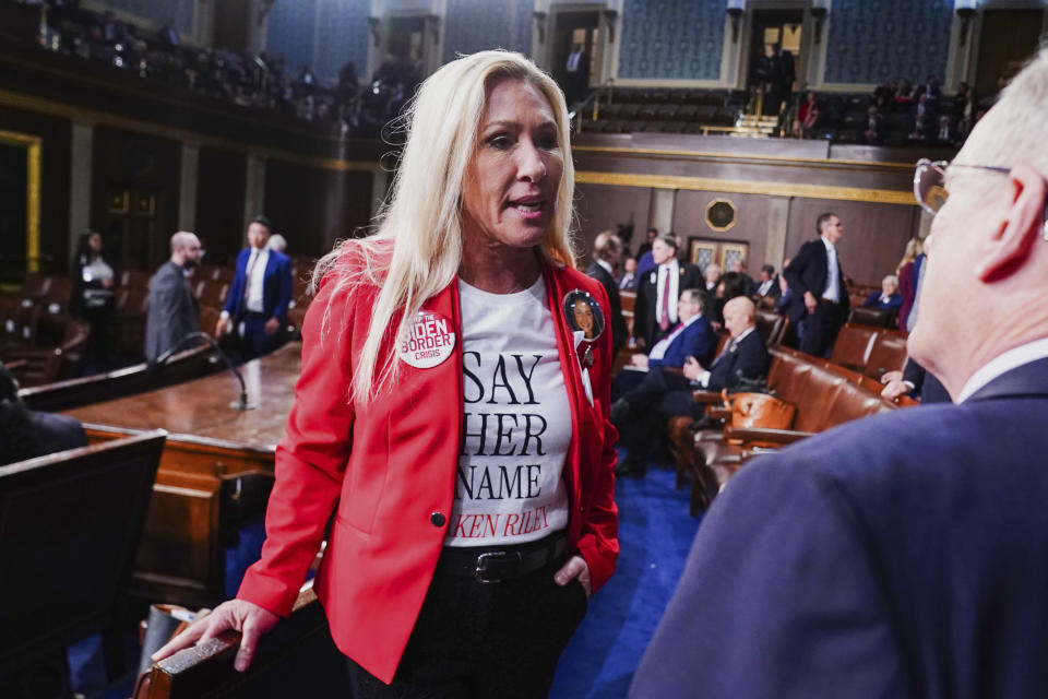 Rep. Marjorie Taylor Greene, R-Ga., is seen before President Joe Biden delivers the State of the Union address to a joint session of Congress at the Capitol, Thursday, March 7, 2024, in Washington. (Shawn Thew/Pool via AP)