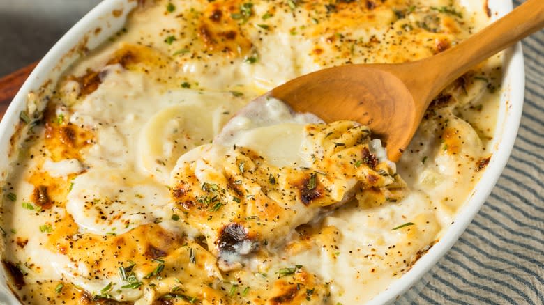 Scalloped potatoes in a dish