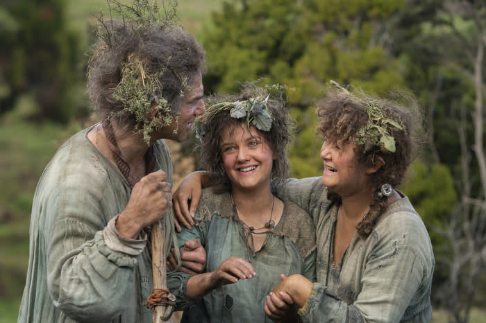 Dylan Smith (Largo Brandyfoot), Markella Kavenagh (Elanor ‘Nori’ Brandyfoot), Megan Richards (Poppy Proudfellow) in Prime Video's The Lord of the Rings: The Rings of Power from Amazon Studios. (Ben Rothstein/Prime Video)



