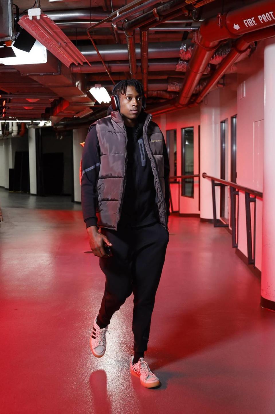 Charlotte Hornets guard Frank Ntilikina (44) arrives at United Center before a basketball game against the Chicago Bulls.