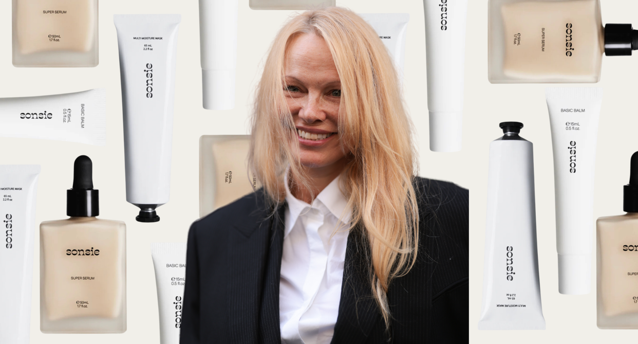 pamela anderson, Pamela Anderson wearing black blazer and white button-down shirt, sonsie skincare, celebrity beauty brand,  Pamela AndersonPamela Anderson has joined Sonsie Skin as co-founder (Photos via Sonsie Skin & Getty Images).