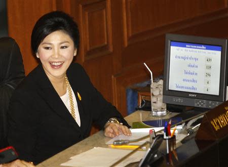 Thailand's Prime Minister Yingluck Shinawatra smiles during a no-confidence vote in Bangkok November 28, 2013. REUTERS/Chaiwat Subprasom