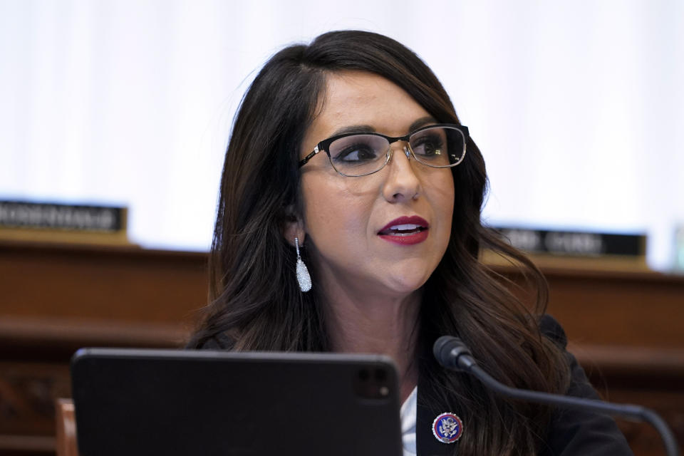 FILE - Rep. Lauren Boebert, R-Colo., speaks during a House Committee on Natural Resources hearing on America's Energy and Mineral potential, Wednesday, Feb. 8, 2023, on Capitol Hill in Washington. Boebert's grip on Colorado's 3rd Congressional District didn't seem in question heading into last year's midterms. But in the end, the congresswoman who gained a national reputation as a combative member of the “Make America Great Again” movement won reelection by just 564 votes. (AP Photo/Mariam Zuhaib, File)