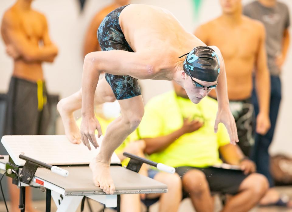 West Port’s Jeffrey Wolfe swims the Men’s 50 yard freestyle during the Class 3A-4A 2023 FHAAA Swimming and Diving Championships at FAST in Ocala, FL on Friday, November 10, 2023. [Alan Youngblood/Ocala Star-Banner]