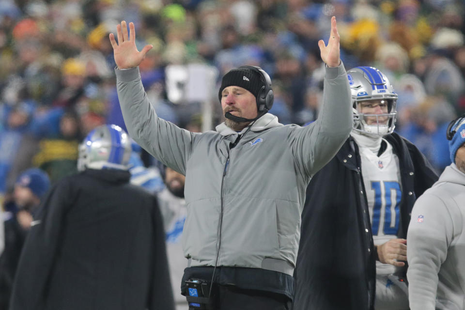 GREEN BAY, WI - JANUARY 08: Detroit Lions head coach Dan Campbell celebrates during a game between the Green Bay Packers and the Detroit Lions at Lambeau Field on January 8, 2023 in Green Bay, WI. (Photo by Larry Radloff/Icon Sportswire via Getty Images)