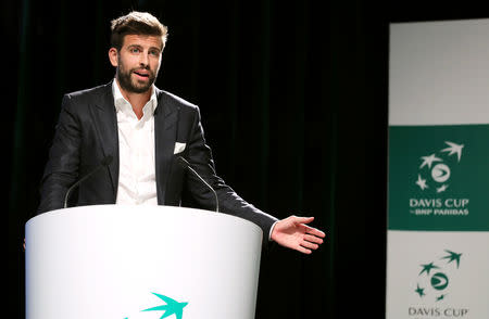 Gerard Pique, FC Barcelona player and founder of investment group Kosmos, attends an event to present the revamped Davis Cup in Madrid, Spain, October 17, 2018. REUTERS/Sergio Perez