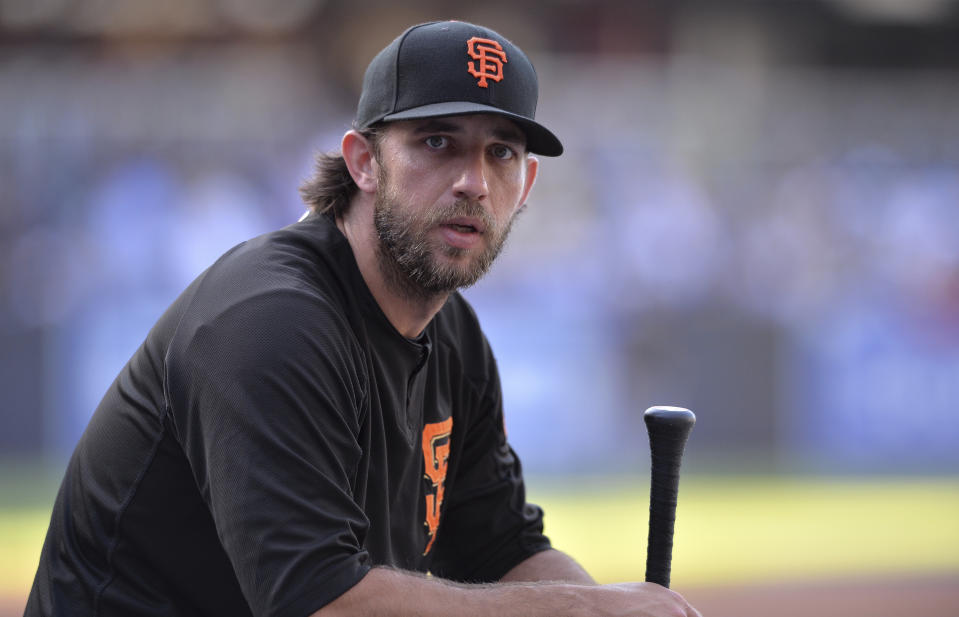 San Francisco Giants' Madison Bumgarner looks on before the baseball game against the San Diego Padres Friday, July 26, 2019, in San Diego. (AP Photo/Orlando Ramirez)