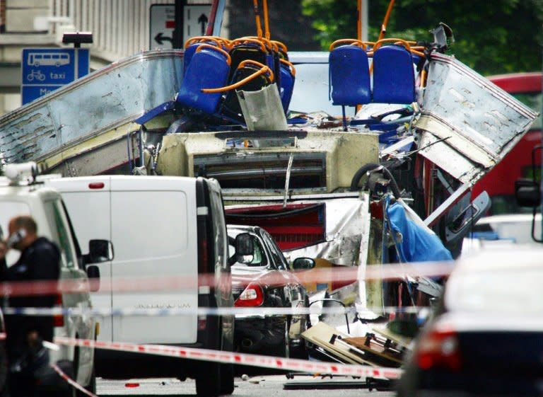 The remains of a double-decker bus in Tavistock Square in London, destroyed in one of a series of attacks on July 7, 2005 that killed 52 people