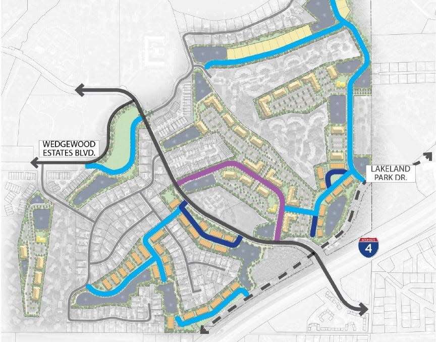 The traffic plan for the Gibson Trails development shows Wedgewood Estates Boulevard being realigned and a new Lakeland Park Drive extension running along the south side of the area, a connector the City of Lakeland has long sought.