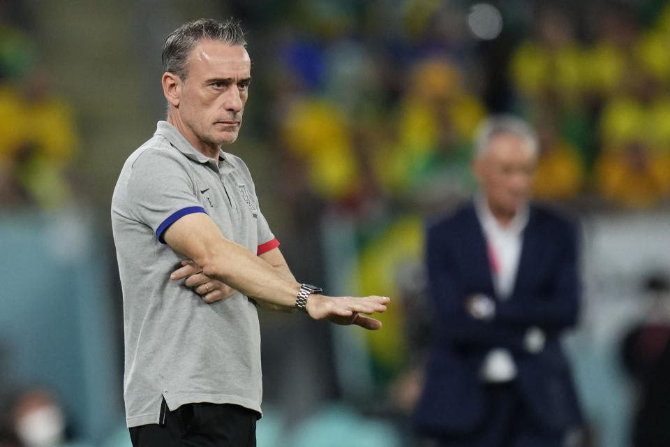 South Korea's head coach Paulo Bento gestures during the World Cup round of 16 soccer match between Brazil and South Korea, at the Stadium 974 in Al Rayyan, Qatar, Monday, Dec. 5, 2022. (AP Photo/Manu Fernandez)