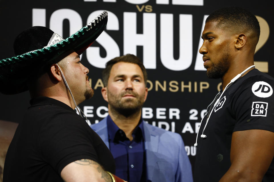 NEW YORK, NY - SEPTEMBER 5: Andy Ruiz Jr (L) and Anthony Joshua are joined by promoter Eddie Hearn at a press conference on September 5, 2019 in New York City. Ruiz and Joshua will face off for the Heavyweight Championship in Saudi Arabia on December 7, 2019. (Photo by Jeff Zelevansky/Getty Images)