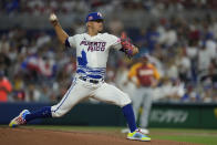 Puerto Rico's Jose Berrios (37) delivers a pitch during the first inning of a World Baseball Classic game against Venezuela, Sunday, March 12, 2023, in Miami. (AP Photo/Wilfredo Lee)