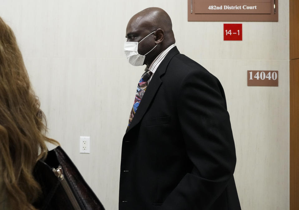 Retired Houston Police Department officer Gerald Goines leaves the court after the Judge Veronica M. Nelson of 482nd District Court quashed two felony murder indictments against him, Tuesday, March 26, 2024 at Harris County Criminal Courts at Law in Houston. (Yi-Chin Lee/Houston Chronicle via AP)