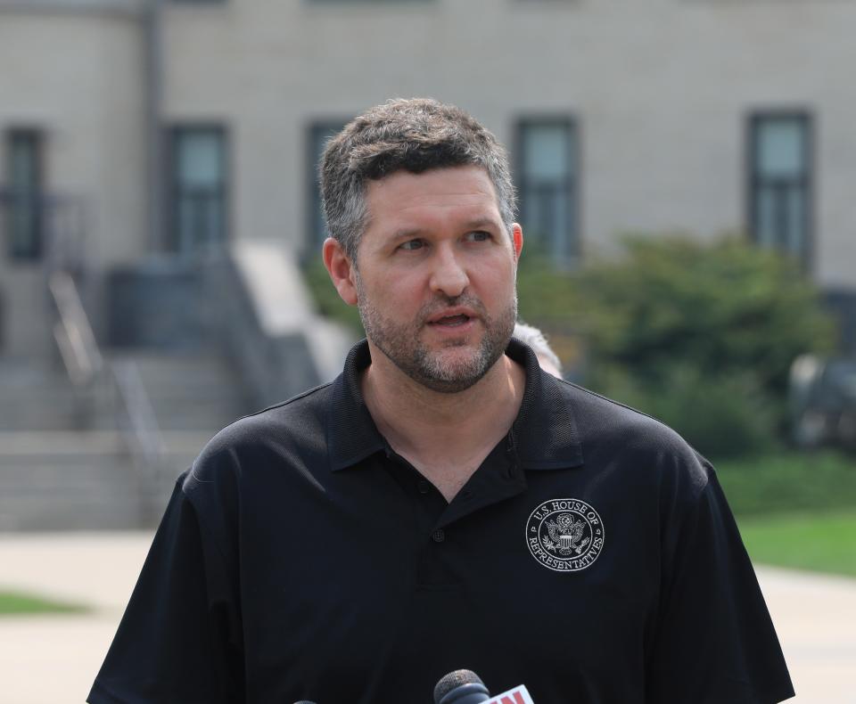 Congressman Pat Ryan speaks during a press conference at West Point on July 17, 2023. A severe rain storm on July 9 caused an estimated $100 million in damages around West Point.