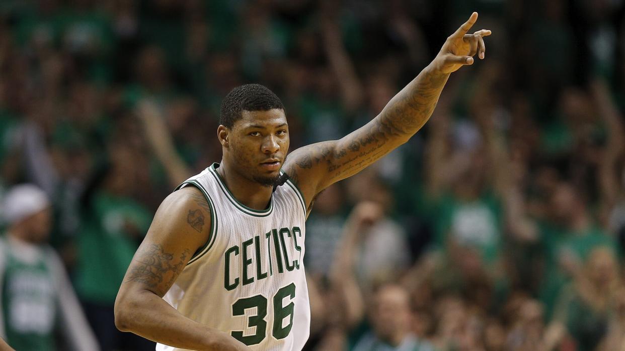 Marcus Smart Washington Wizards at Boston Celtics, USA - 10 May 2017Boston Celtics guard Marcus Smart gestures after making a three point shot during the second half of their NBA Eastern Conference Semifinal game against the Washington Wizards at the TD Garden in Boston, Massachusetts, USA, 10 May 2017.