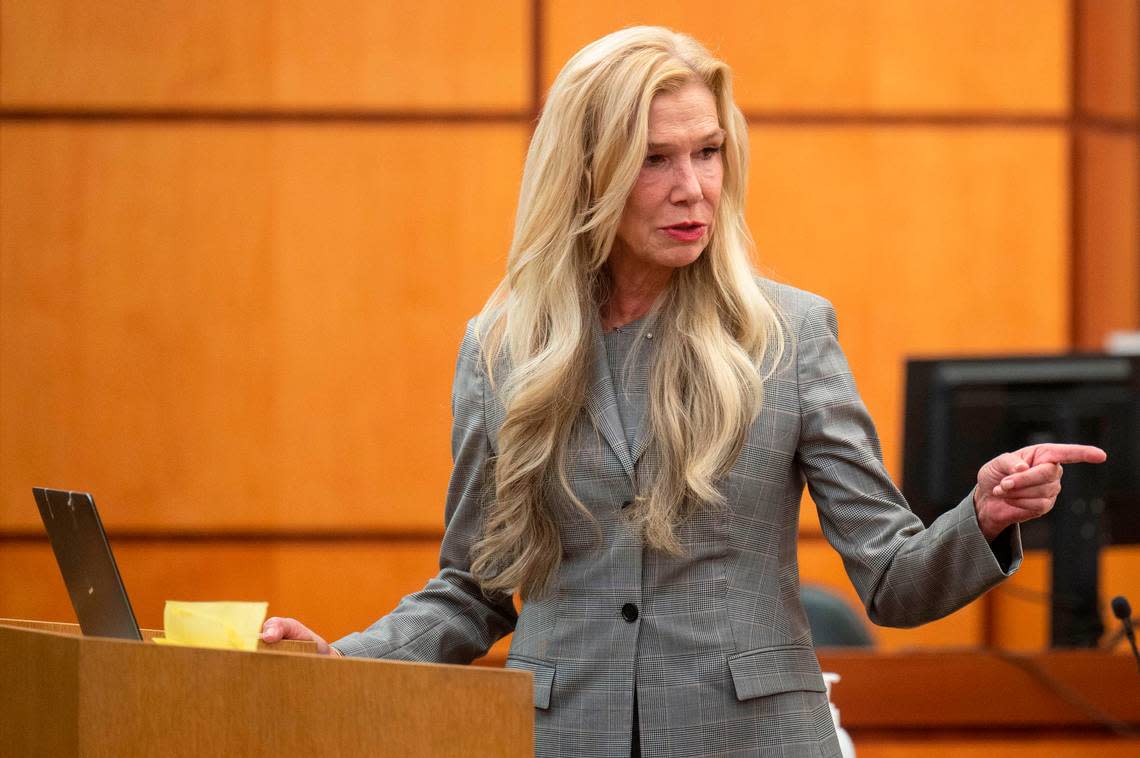 Anne Bremner, the defense attorney for Pierce County Sheriff Ed Troyer, points to the prosecutors as she makes her opening statement to the jury in Pierce County District Court on Wednesday, Nov. 30, 2022, in Tacoma.