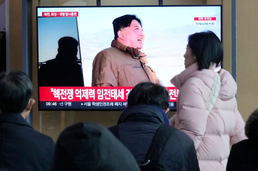 A TV screen shows a file image of North Korean leader Kim Jong Un during a news program at the Seoul Railway Station in Seoul, South Korea, Tuesday, Dec. 19, 2023. Kim threatened “more offensive actions” to repel what he called increasing U.S.-led military threats after he supervised the third test of his country’s most advanced missile designed to strike the mainland U.S., state media reported Tuesday. (AP Photo/Ahn Young-joon)