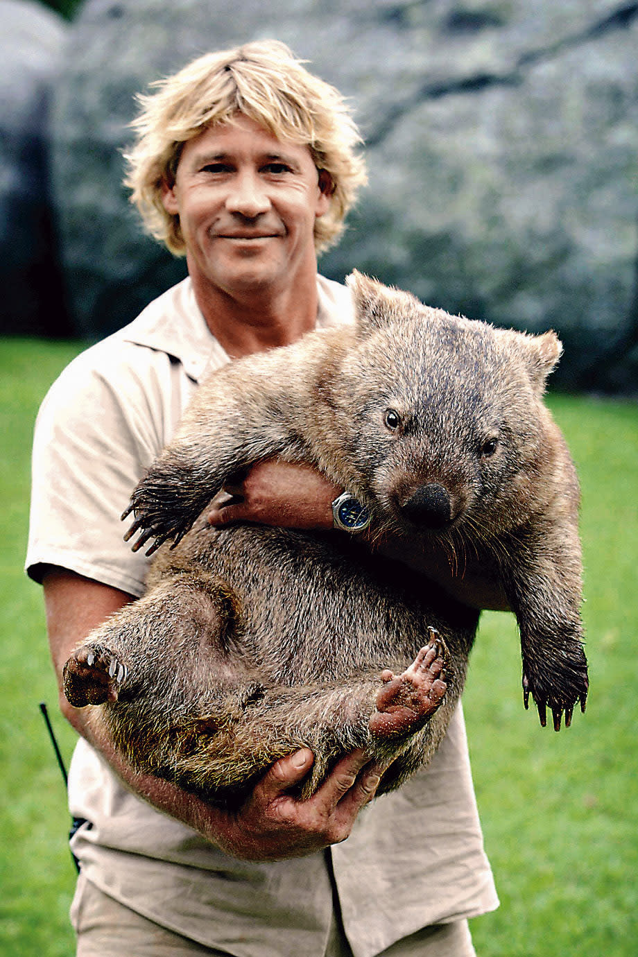 (AUSTRALIA OUT) Steve Irwin with a wombat at his Sunshine Coast animal sanctuary, Australia Zoo, Queensland, 28 March 2003. SMH NEWS Picture by HEATH MISSEN (Photo by Fairfax Media via Getty Images/Fairfax Media via Getty Images via Getty Images)