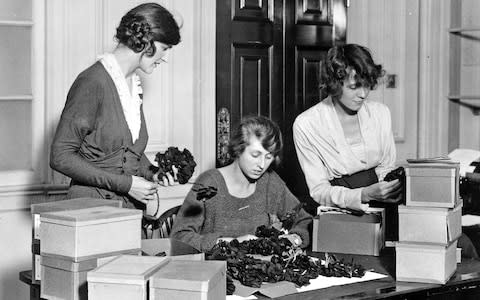 A group of volunteers packing artificial poppies for Armistice Day in 1921. - Credit: Getty Images