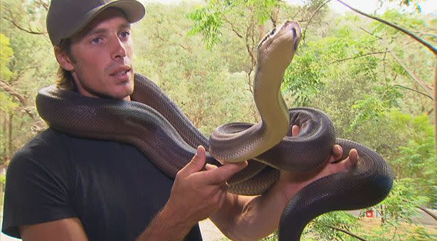 Animal lover Xavier Morello and his beloved pet python, Monty. Photo: 7News