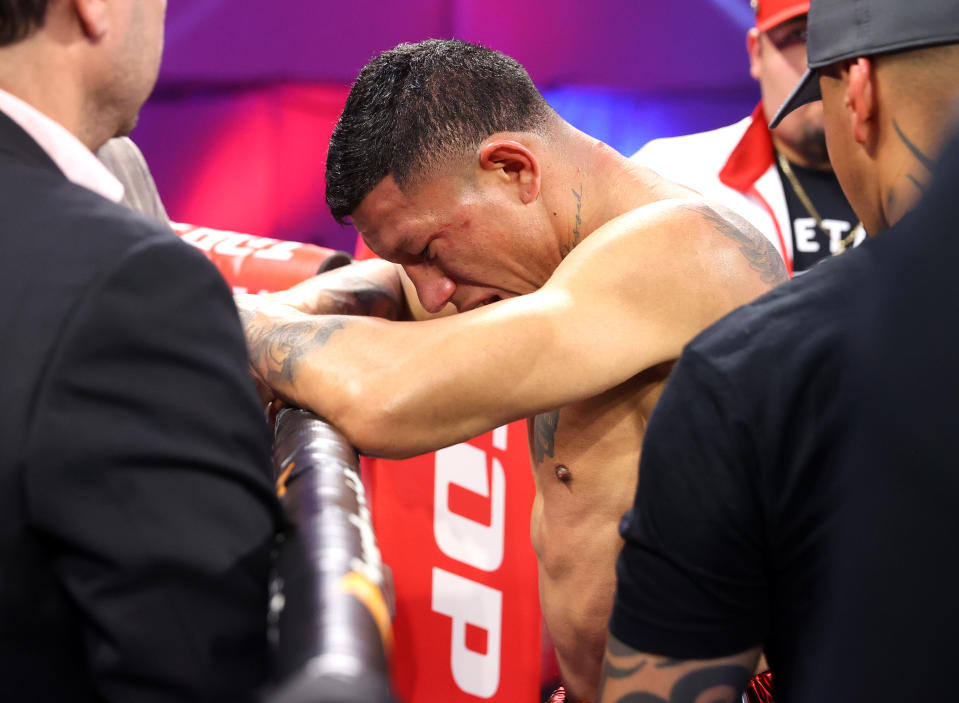 LAS VEGAS, NEVADA - MARCH 26: Miguel Berchelt gets stopped during his lightweight fight with Jeremiah Nakathila at Resorts World Las Vegas on March 26, 2022 in Las Vegas, Nevada. (Photo by Mikey Williams/Top Rank Inc via Getty Images)