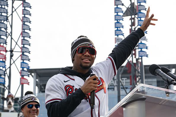 ATLANTA, GA - NOVEMBER 05: Ronald Acuña Jr. and members of the Atlanta Braves team speak following the World Series Parade at Truist Park on November 5, 2021 in Atlanta, Georgia. The Atlanta Braves won the World Series in six games against the Houston Astros winning their first championship since 1995. (Photo by Megan Varner/Getty Images)