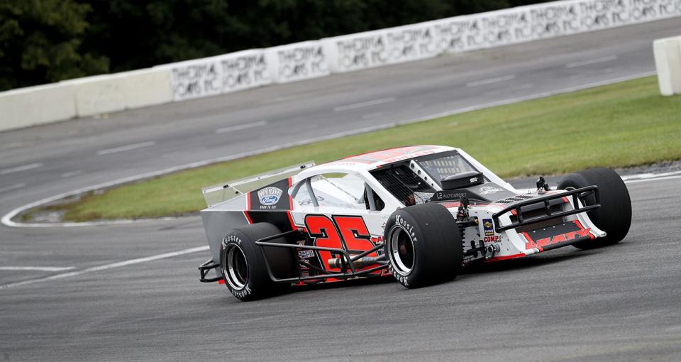 Mike Leaty, driver of the #25 Northeast Industrials Technology, qualifies for the Nu Way Auto Parts 150 for the NASCAR Whelen Modified Tour at New York International Raceway Park in Lancaster, New York on July 31, 2021. (Bryan Bennett/NASCAR)