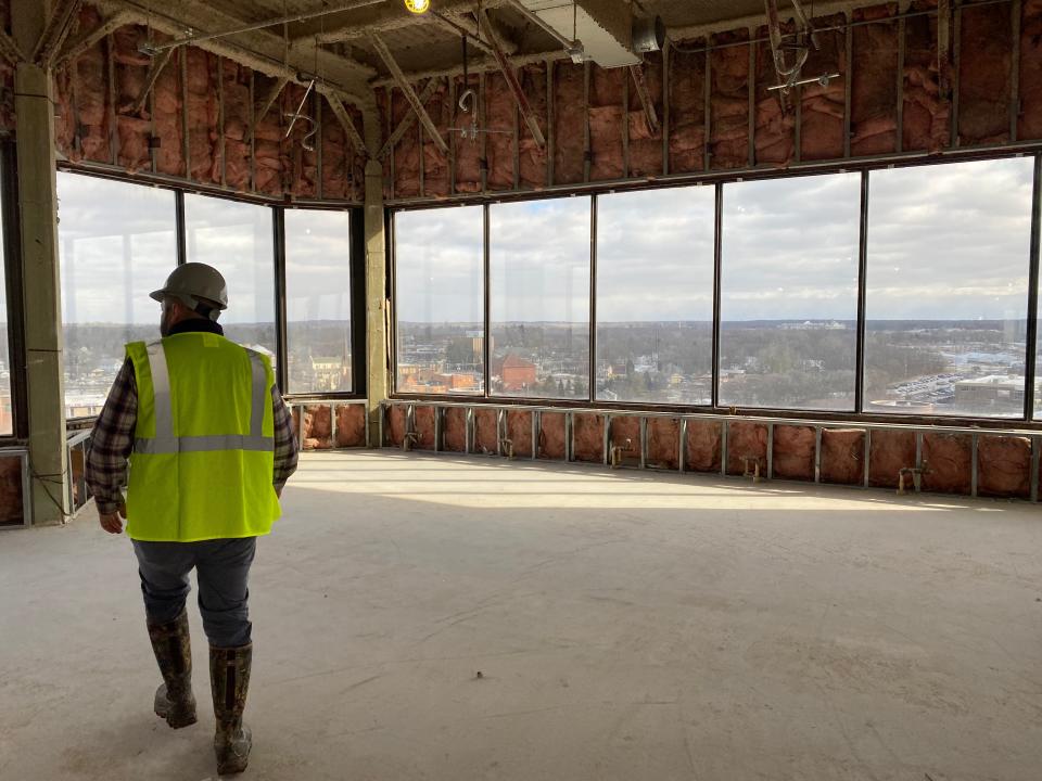 Joe Sobieralski, President and CEO of Battle Creek Unlimited, tours the top of the former McCamly Hotel on Thursday, Jan. 20, 2022. The renovation and rebranding project has received $2.5 million contribution from the city of Battle Creek allocated from its $30.5 million in American Rescue Plan Act funds.