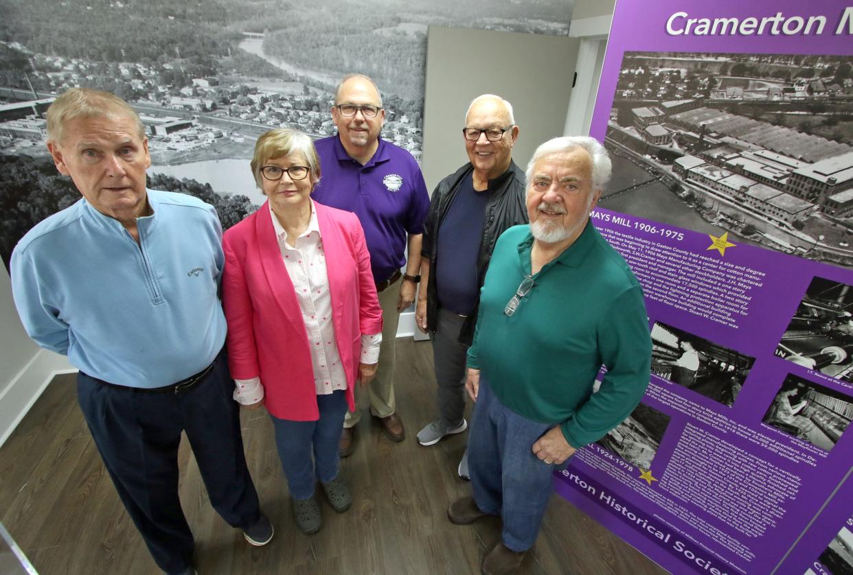 Art Shoemaker, Alice Walker, Jeff Ramsey, Rhett Cozart and Richard Atkinson pose inside the Cramerton Historical Museum Monday morning, April 22, 2024.