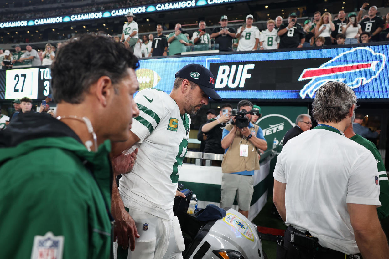 Jets QB Aaron Rodgers left the game injured in the first quarter Monday agains the Bills. Jets head coach Robert Saleh said his injury status is 'not good.' (Elsa/Getty Images)