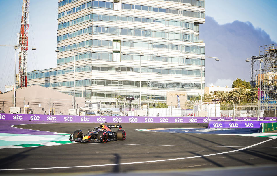 JEDDAH, SAUDI ARABIA - MARCH 25: Smoke is seen from the Corniche Track, where the Formula 1 race will be held, in Jeddah, Saudi Arabia on March 25, 2022. Smokes and flames rise from Saudi Aramcoâs Jeddah oil depot in Saudi Arabia on March 25. (Photo by Stringer/Anadolu Agency via Getty Images)