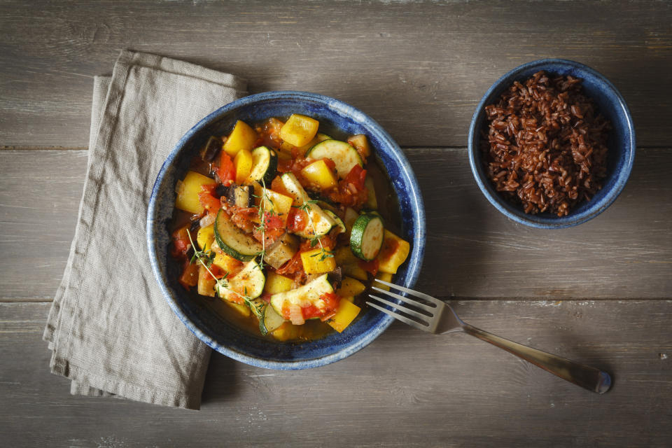 a dish of mixed, cooked veggies