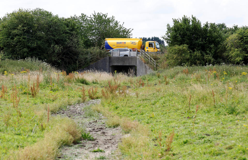 A Jet fuel tanker crosses a dried section of the Ver chalk stream.